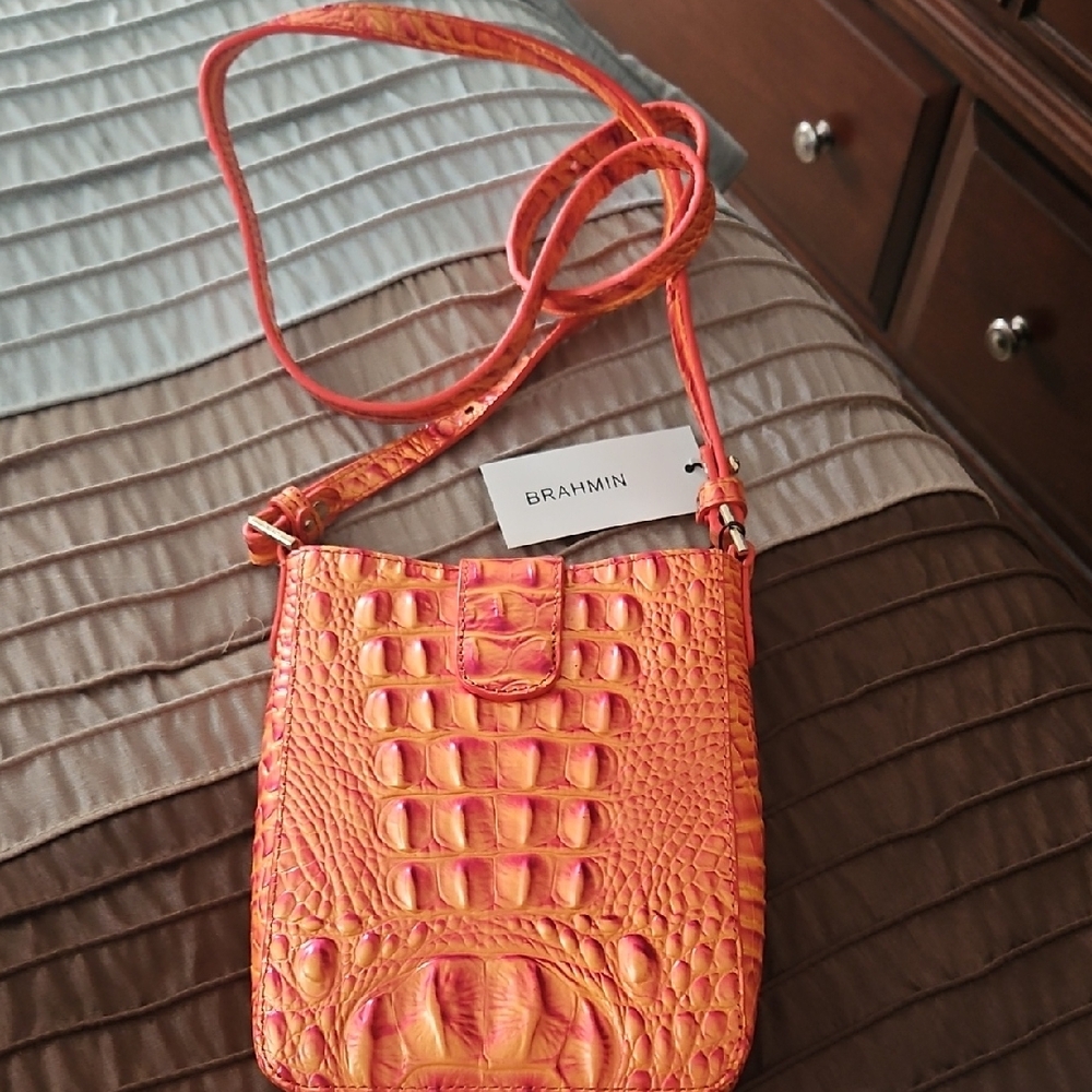 Brahmin Marley Dusty Melbourne Leather Orange-Pink Croc-Embossed Crossbody - Picture 2 of 6